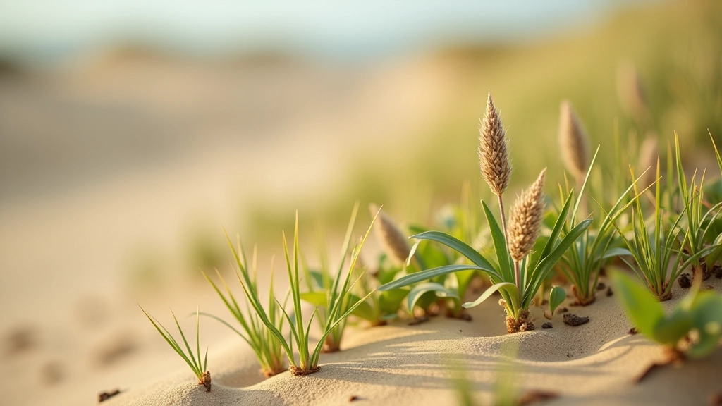 Close-up of coastal dune plants and wildflowers in natural habitat