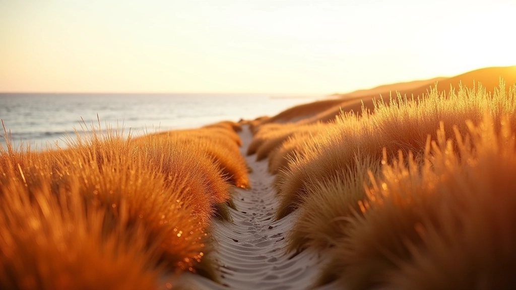 Autumn dune landscape with golden and reddish grass tones in soft afternoon light