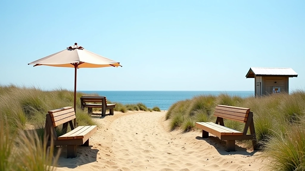 Visitor facilities near Užava Lighthouse including benches, viewing areas, and small shelter structures for rest and weather protection