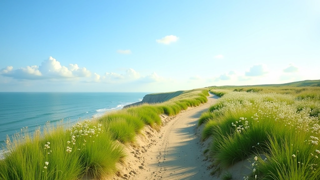 Spring coastal path with fresh green vegetation and wildflowers blooming along dune edge