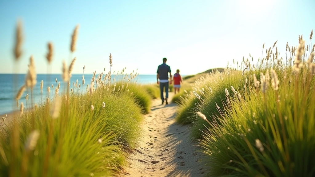 Summer seaside path with fully green dune grass and bright sunshine, ideal walking conditions