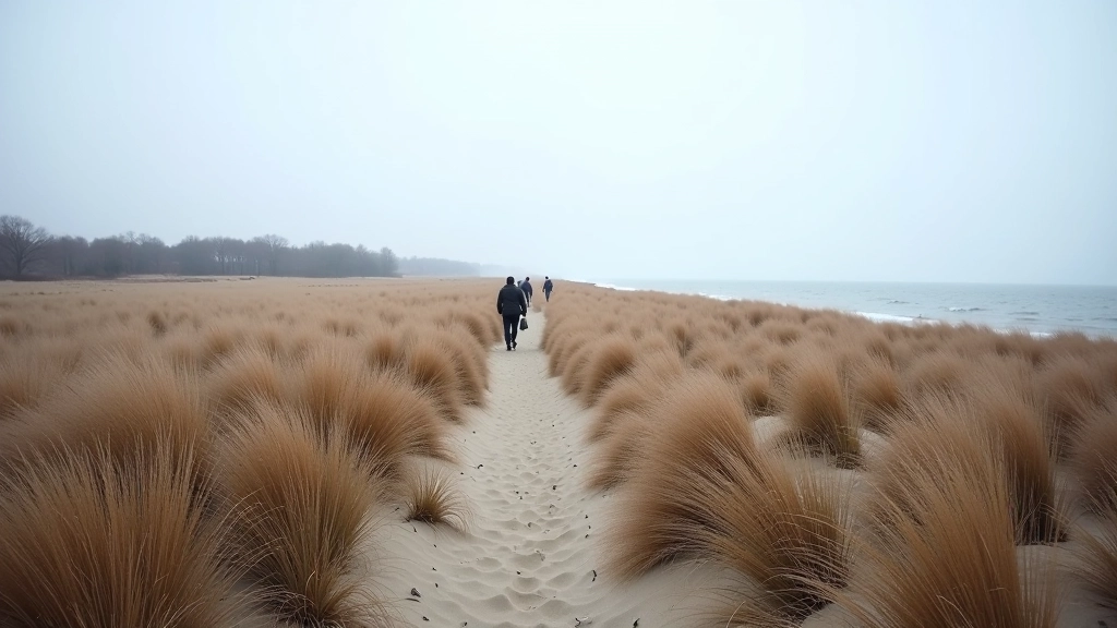 Winter coastal path with bare vegetation, overcast sky, and minimal crowds