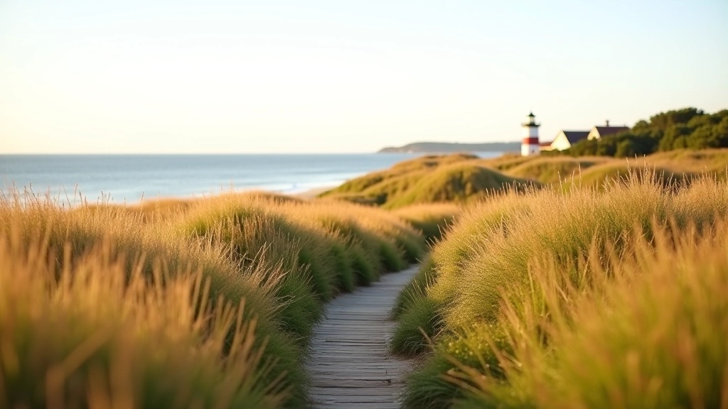 Coastal walking path with dune grass vegetation and lighthouse visible in distance on Baltic Sea horizon