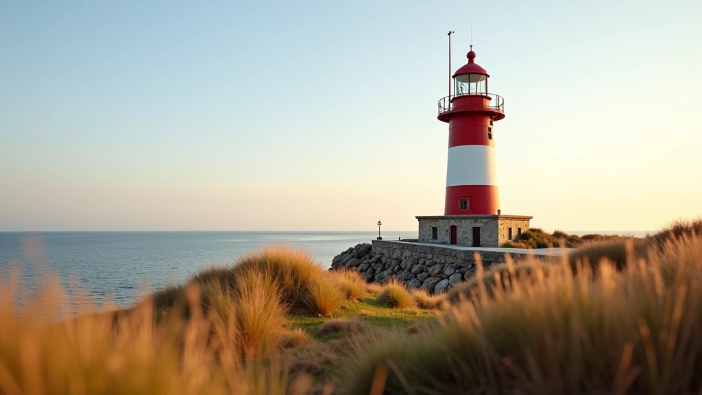 Užava lighthouse with red and white stripes overlooking Baltic coast