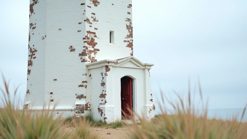 Historic Užava Lighthouse tower detail showing white painted walls and distinctive architectural features from Baltic maritime construction era