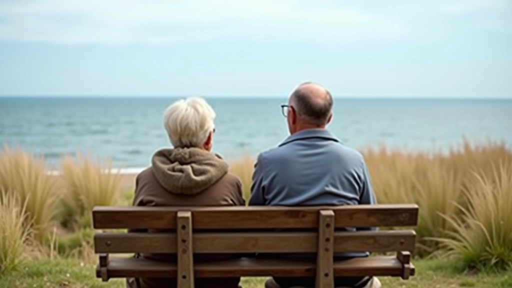 Senior couple resting on wooden bench overlooking coastal sea landscape