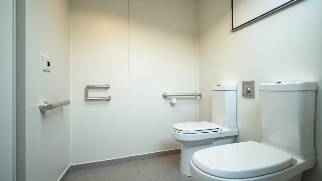 Modern accessible bathroom facilities at coastal rest area with clean interior and grab bars