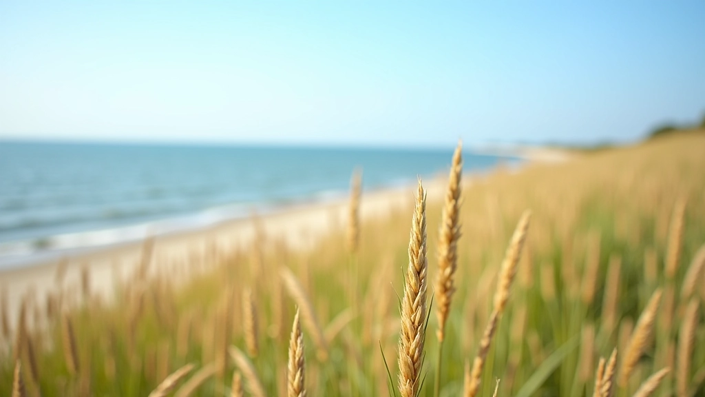 Native dune grass swaying in coastal breeze with blue sky