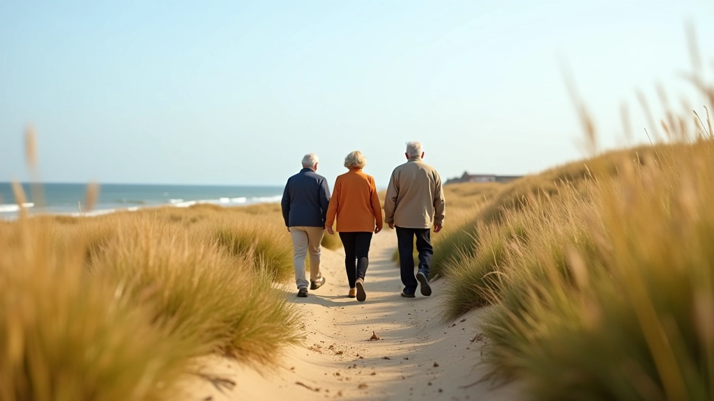 Visitors enjoying a guided walk on the coastal trail with dune grass scenery