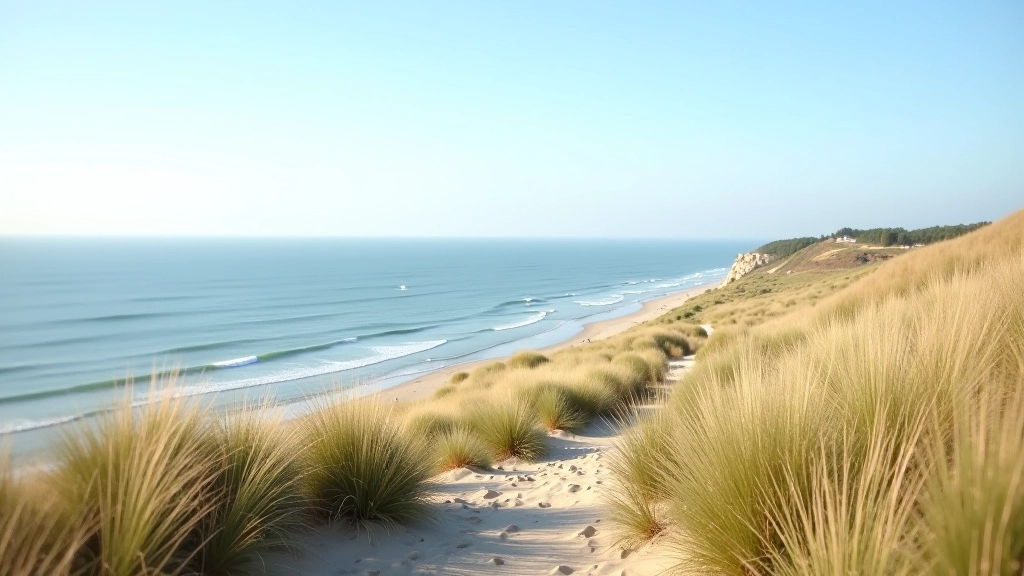 Panoramic view from Užava Lighthouse showing Gulf of Riga waters, coastal dune landscape, and sky meeting horizon