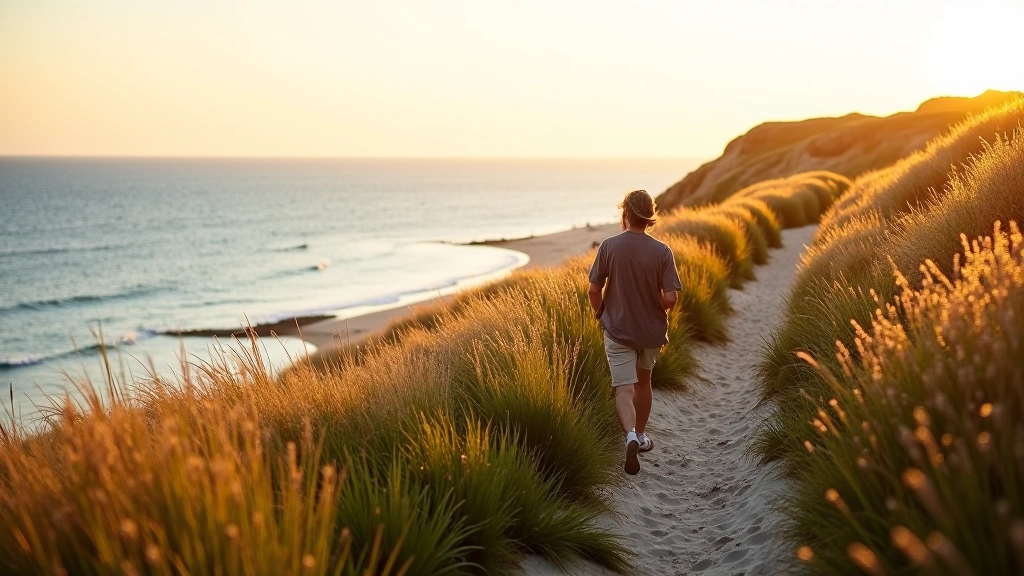 Coastal pathway with dune grass overlooking Baltic Sea at golden hour