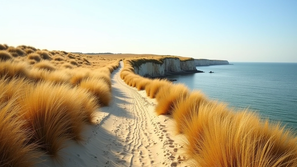 Scenic coastal landscape with sandy dunes and grass overlooking the Baltic Sea