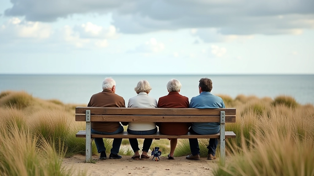 Pensioners resting on wooden bench overlooking coastal landscape