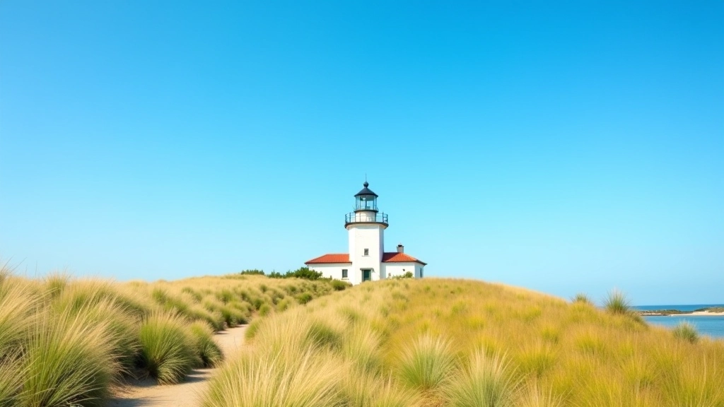 Historic white lighthouse tower against blue sky with coastal landscape