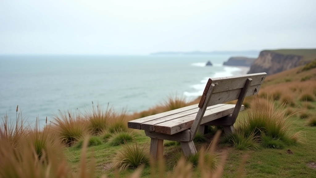 Wooden bench overlooking coastal cliffs and sea, perfect rest stop for hikers