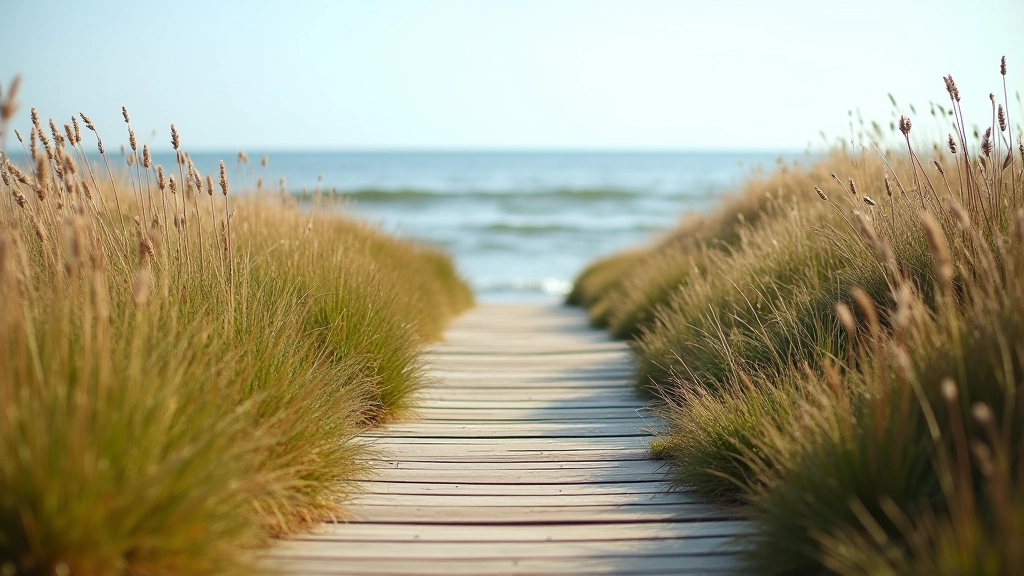 Wooden boardwalk path through coastal dune vegetation with sea view
