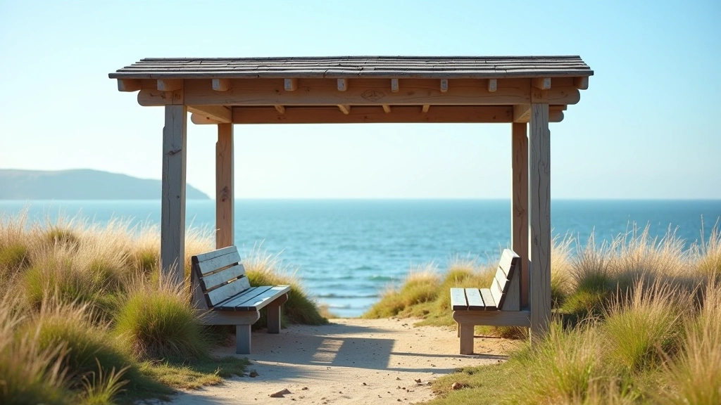 Wooden shelter structure at coastal trail rest stop with sea view and benches